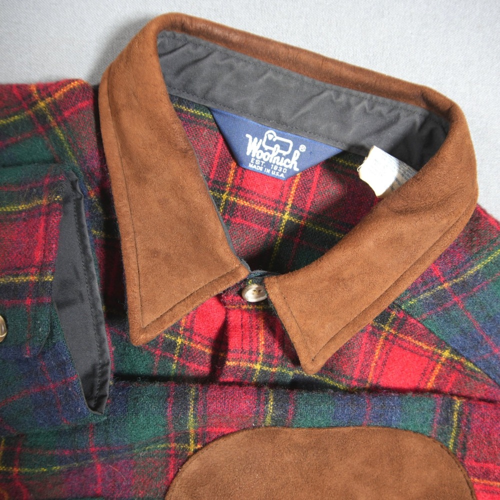 VTG USA Woolrich Plaid Wool Nylon Suede Trim Elbow Men Shirt XL Cabin Retro Moto
